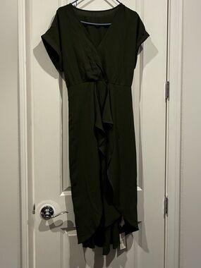Cupshe Olive Green Wrap Ruffle Dress Medium NWT
